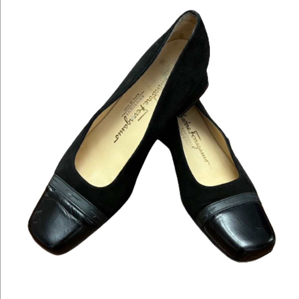 Salvatore Ferragamo Leather and Patent Black Heels Shoes Size 7